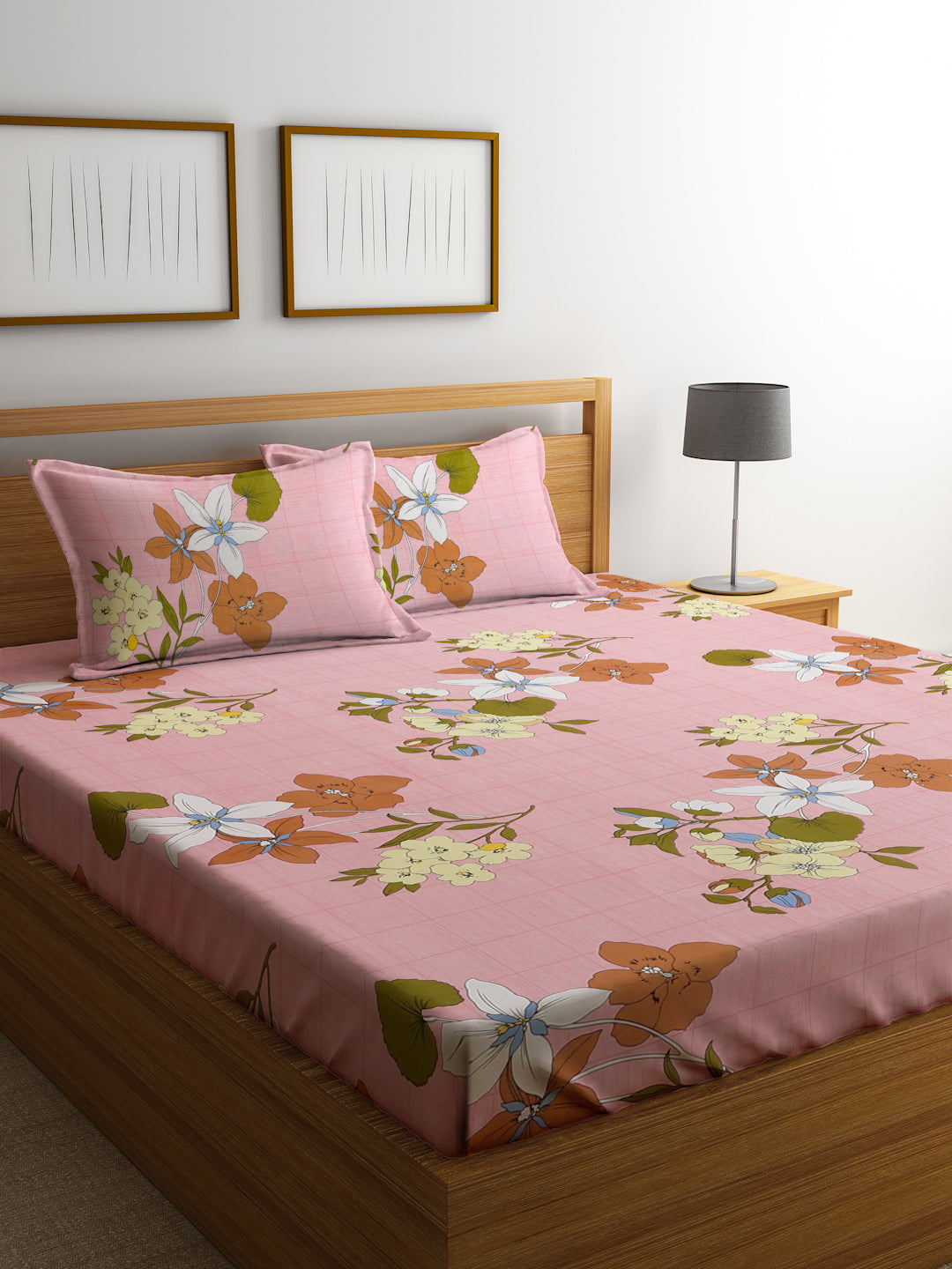 Klotthe Pink Floral 300 TC Cotton Blend Double Bedsheet with 2 Pillow Covers
