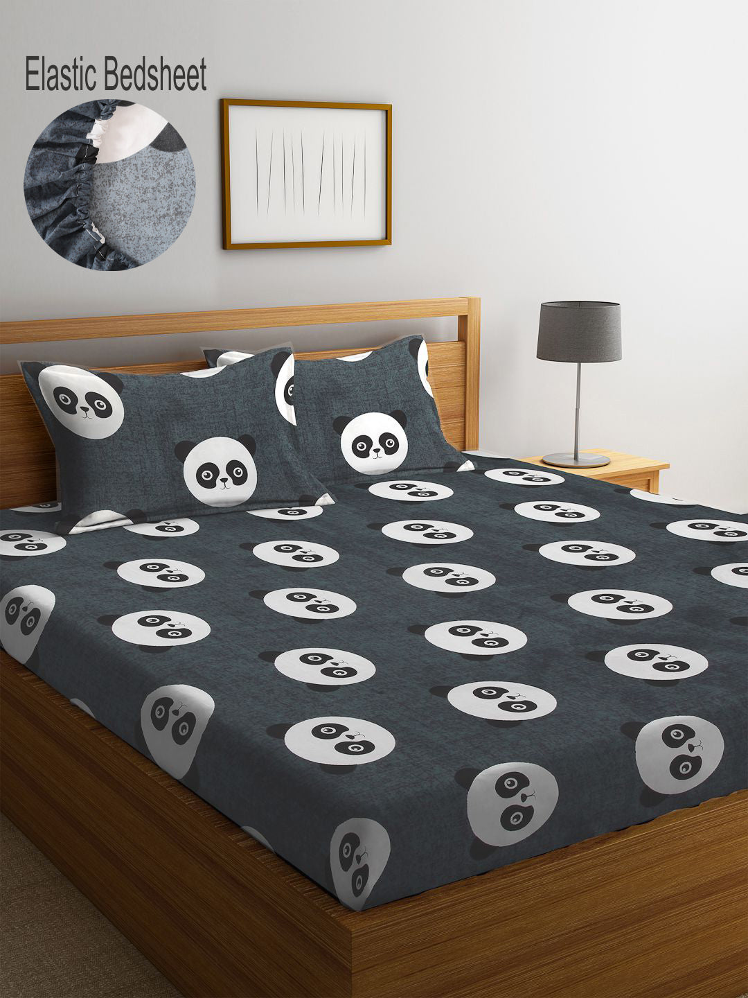Klotthe Kids Black Cartoon Characters Cotton Blend 300 TC Elasticated Double Bedsheet with 2 Pillow covers