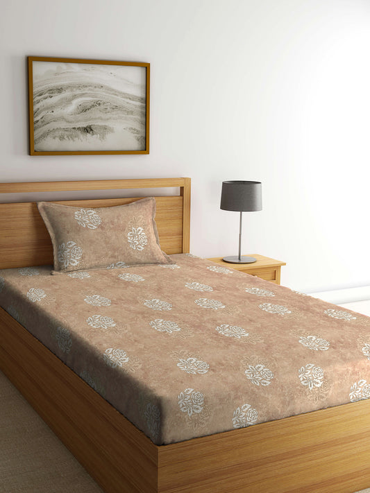 Klotthe Beige Floral 400 TC Pure Cotton Fitted Single Bedsheet with Pillow Cover