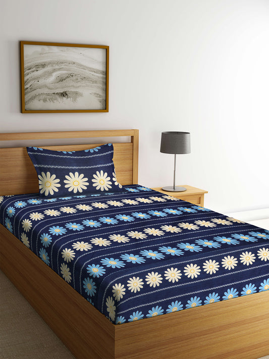 Klotthe Blue Floral Cotton Blend Single Bedsheet with Pillow cover