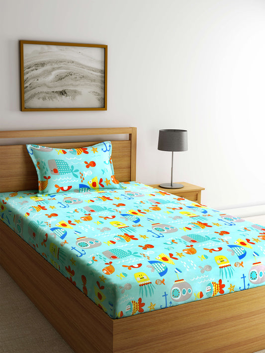 Klotthe Turquoise Kids Print Cotton Blend Single Bedsheet with Pillow cover