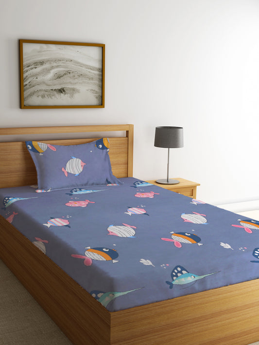 Klotthe Multi Cartoon Characters 210 TC Cotton Blend Single BedSheet with Pillow Cover