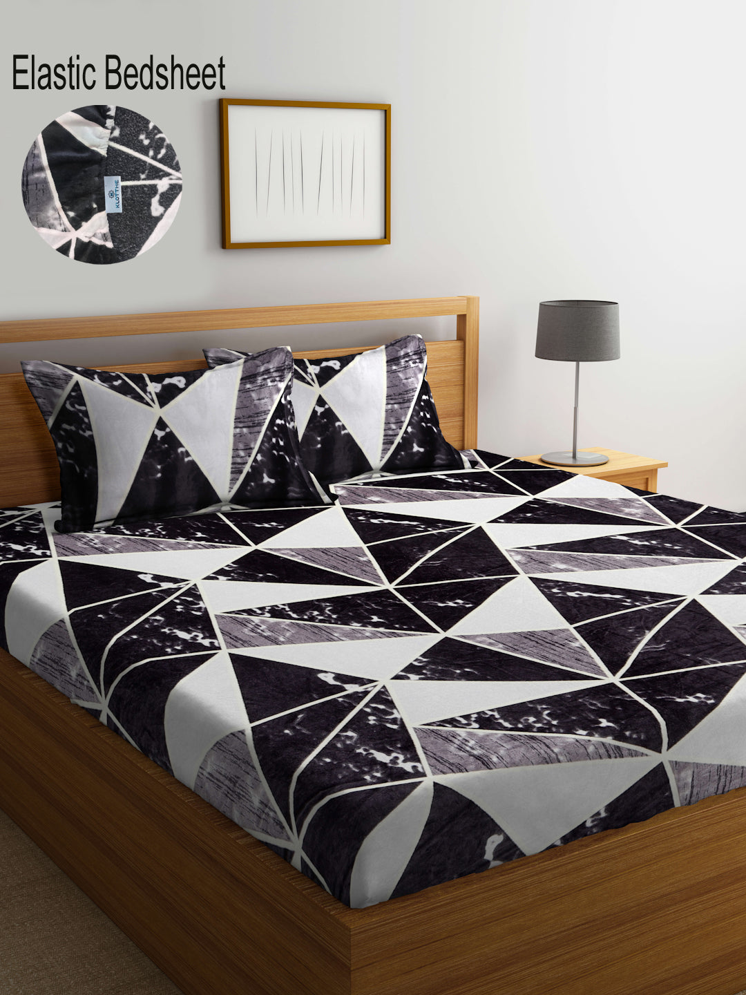 Klotthe Black Geometric Woolen Fitted Double Bed Sheet with 2 Pillow Covers