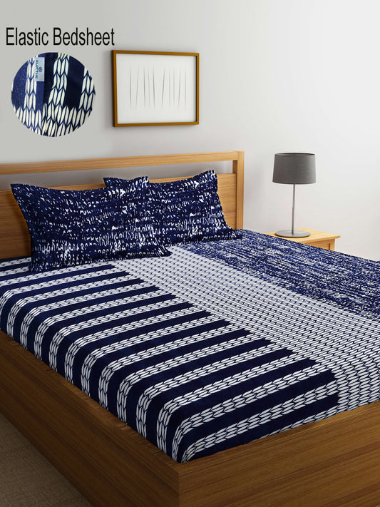 Klotthe Blue Abstract Woolen Fitted Double Bed Sheet with 2 Pillow Covers