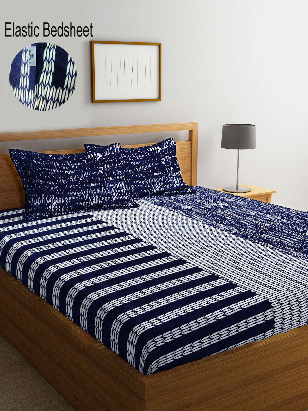 Klotthe Blue Abstract Woolen Fitted Double Bed Sheet with 2 Pillow Cov