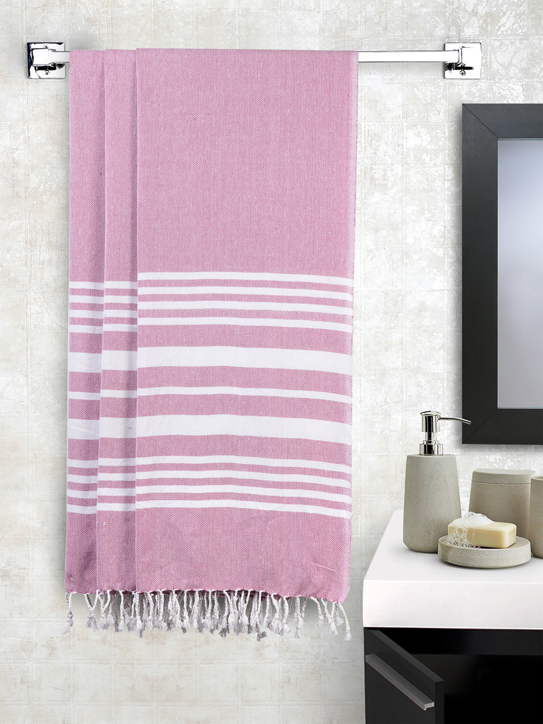 KLOTTHE Set of 3 Pink Cotton Striped Bath Towels (150X75 cm)