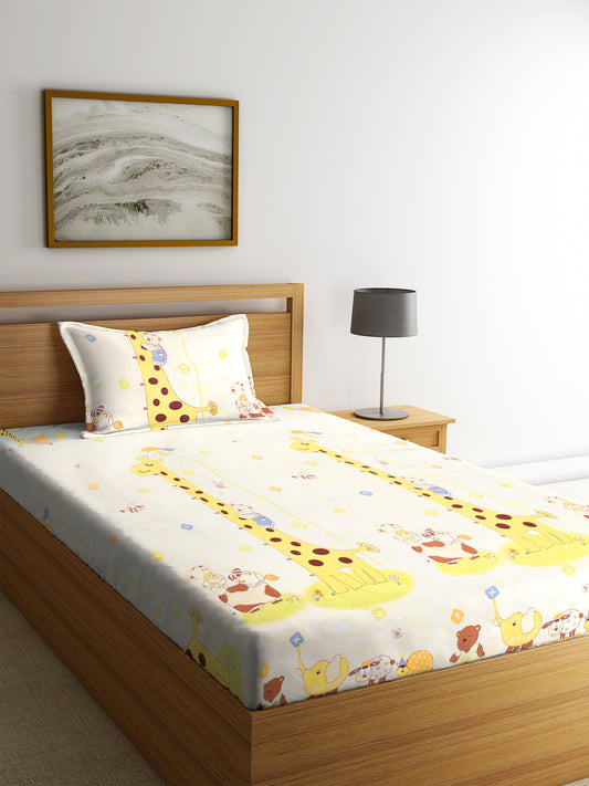 KLOTTHE Yellow Polycotton Cartoon Characters BedSheet With 1 Pillow Cover (225X150 cm)