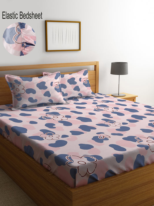 Klotthe Multi Floral 300 TC Cotton Blend Elasticated Double Bedsheet Set in Book Fold Packing