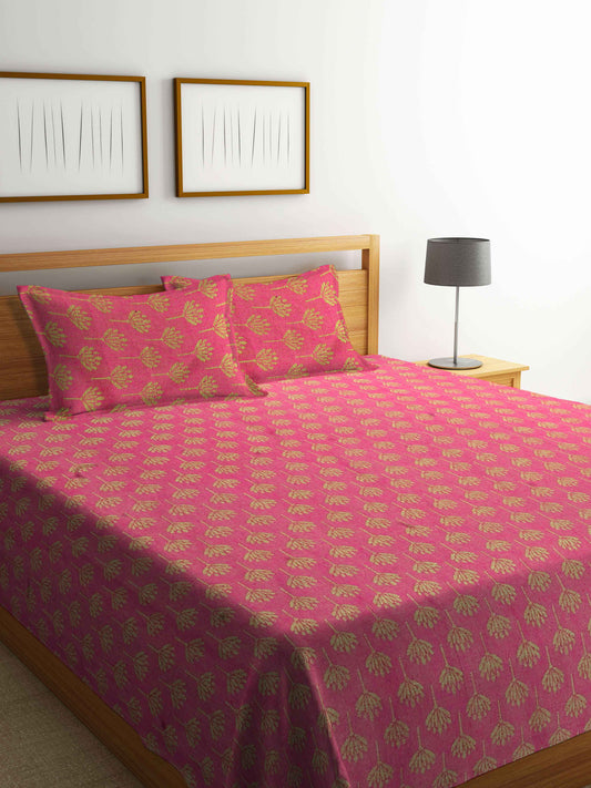 Klotthe Pink Woven Design Pure Cotton Double Bed Cover with 2 Pillow Covers