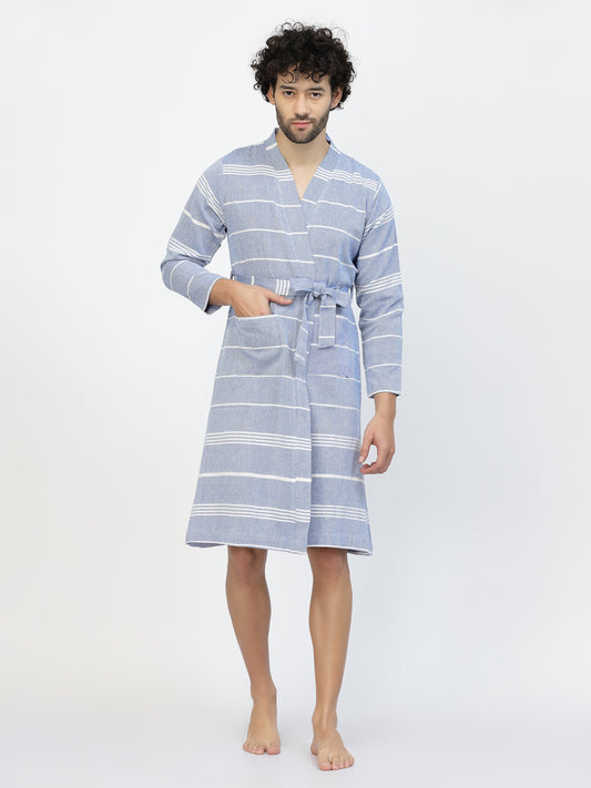 Klotthe Men Blue Striped Cotton Bath Robe With Belt