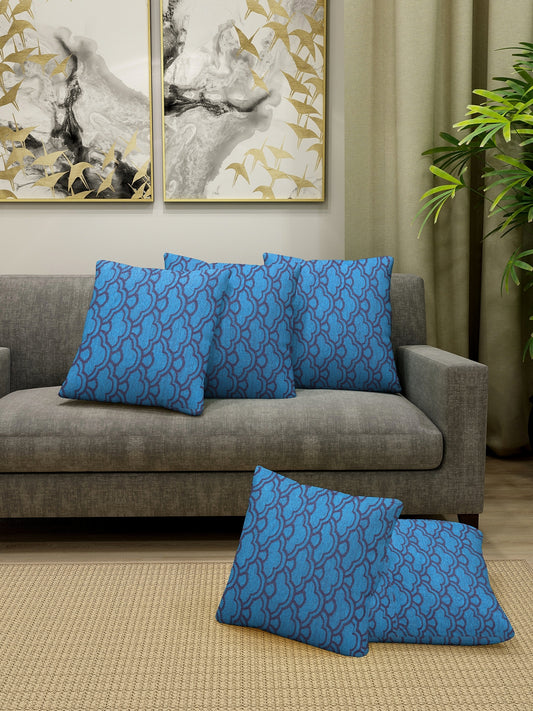 KLOTTHE Set of Five Blue Poly Cotton Cushion Covers With Microfibre Fillers (40X40 cm)