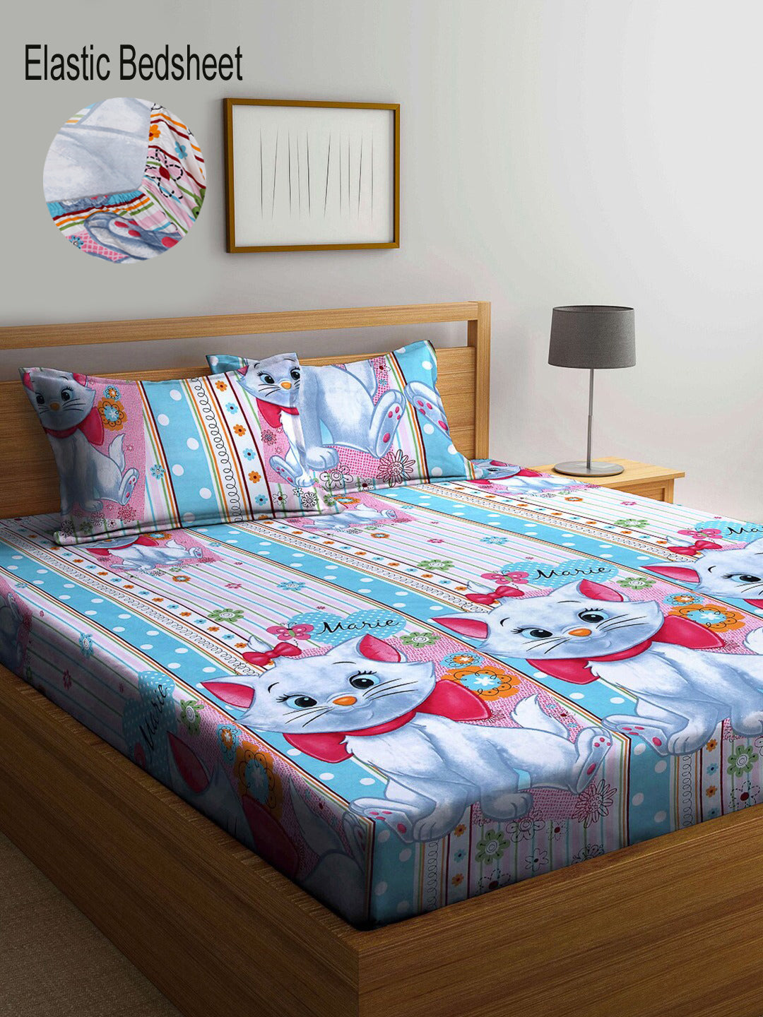 Klotthe Multi Cartoon Characters 300 TC Cotton Blend Elasticated Double Bedsheet with 2 Pillow Covers