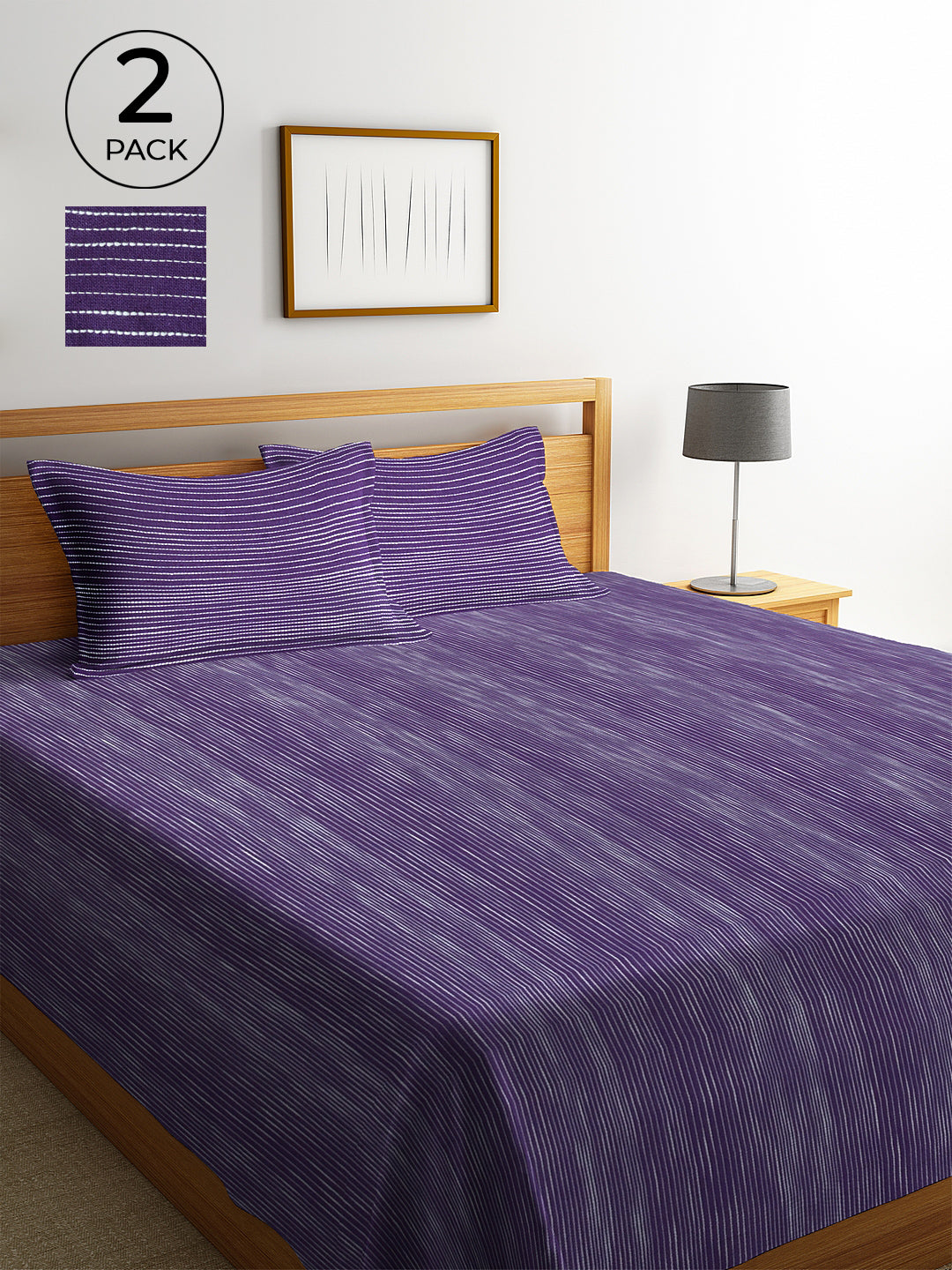 KLOTTHE Set of Two Violet Cotton Striped Double King Bed Covers With 4 Pillow Covers (250X225 cm)