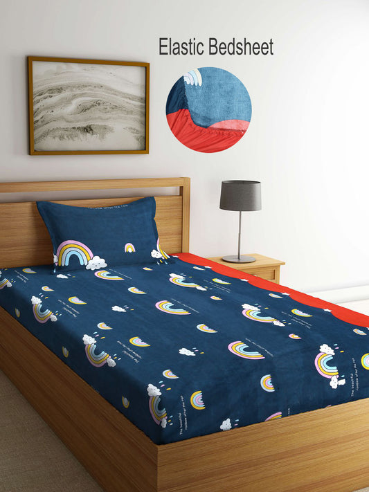 Klotthe Kids Multi Cartoon Characters 300 TC Cotton Blend Elasticated Single Bed Sheet with Pillow Cover