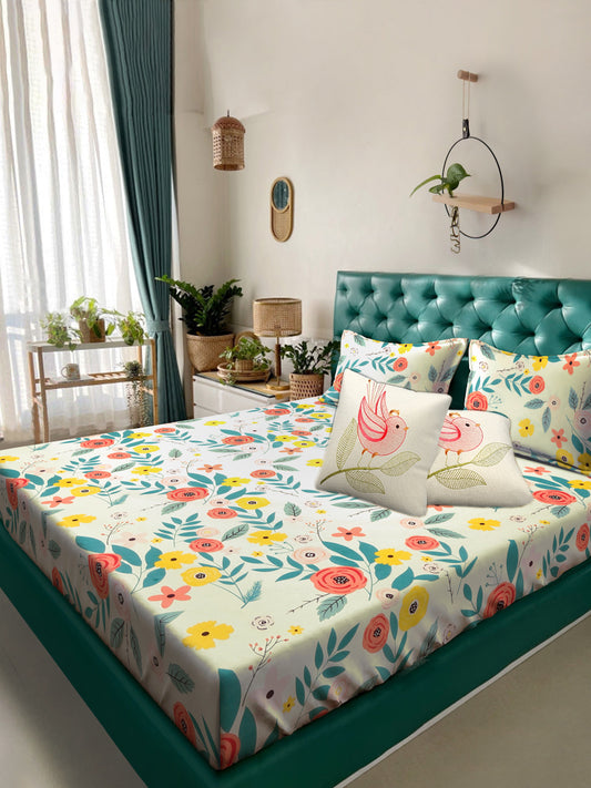 Klotthe Multicolor Floral Cotton Blend Double Bedsheet, 2 Pillow covers & 2 Cushion Covers