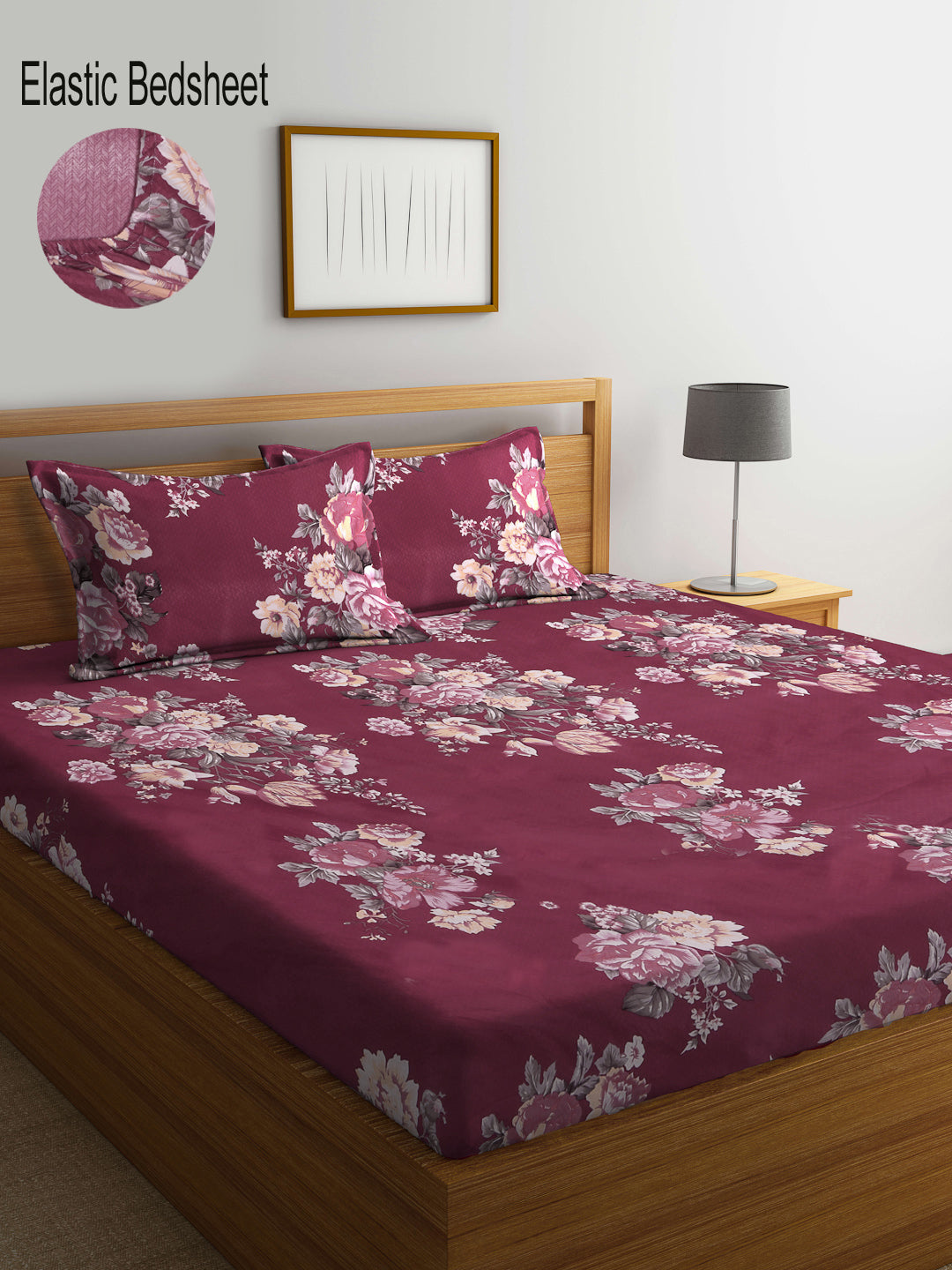 Klotthe Floral Maroon 300 TC Cotton Blend Elasticated Double Bedsheet with 2 Pillow covers (270X270 cm)