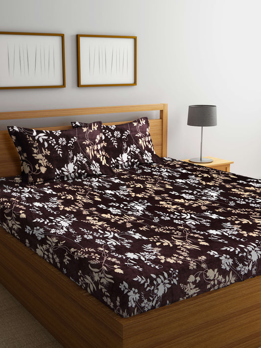 Klotthe Brown Printed Woolen Double Bed Sheet with 2 Pillow Covers