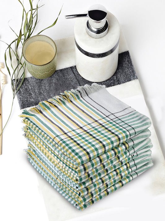 KLOTTHE Set of 7 Green Cotton Striped Bath Towels (150X75 cm)