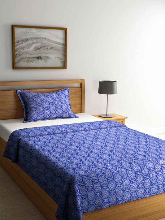 Klotthe Blue Woven Design Pure Cotton Single Bed Cover with Pillow Covers