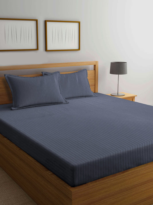 Klotthe Grey Striped 300 TC Cotton Blend Double Bedsheet with 2 Pillow Covers
