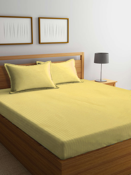 Klotthe Yellow Striped 300 TC Cotton Blend Super King Double Bedsheet with 2 Pillow covers (270X270 cm)