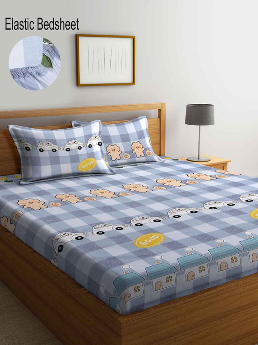 Klotthe Multicolor Cartoon Characters 300 TC Cotton Blend Fitted Double Bedsheet with 2 Pillow Covers