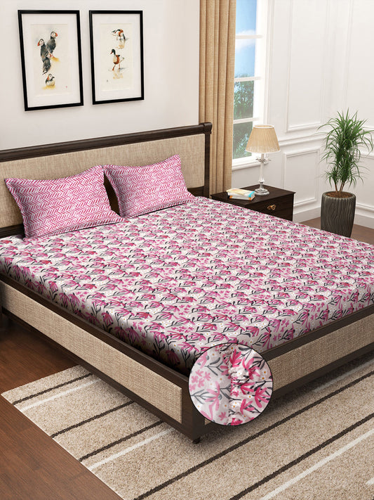 Klotthe Multicolor Floral 300 TC Cotton Blend Fitted Super King Double Bedsheet with 2 Pillow covers