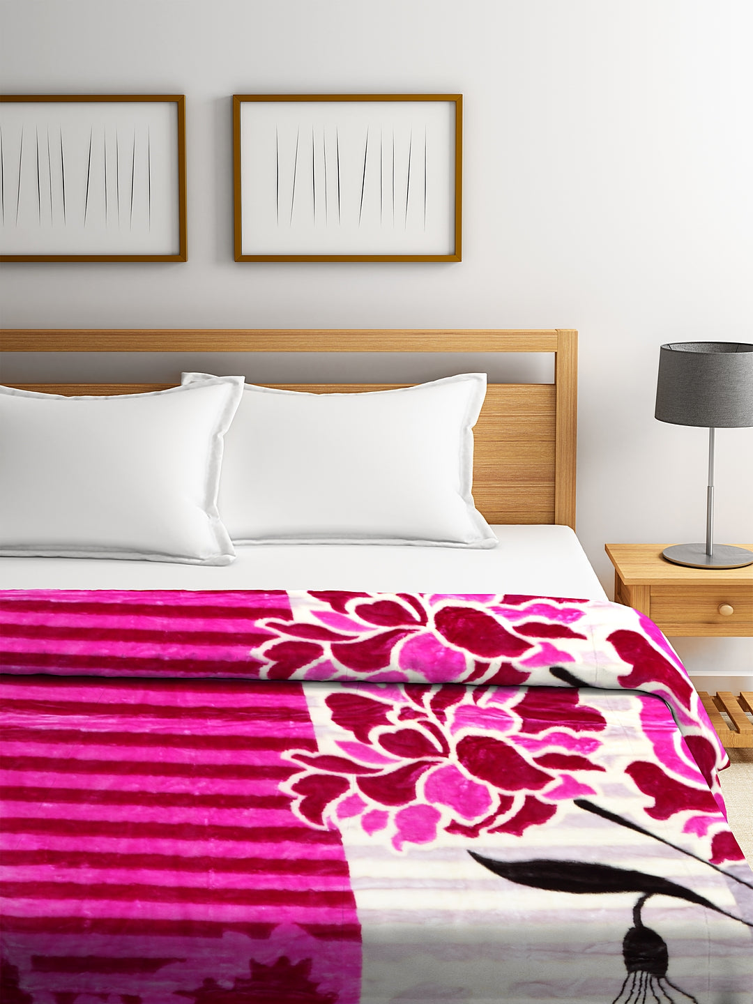 Magenta Floral Heavy Winter Double Bed Blanket by Klotthe 730 GSM