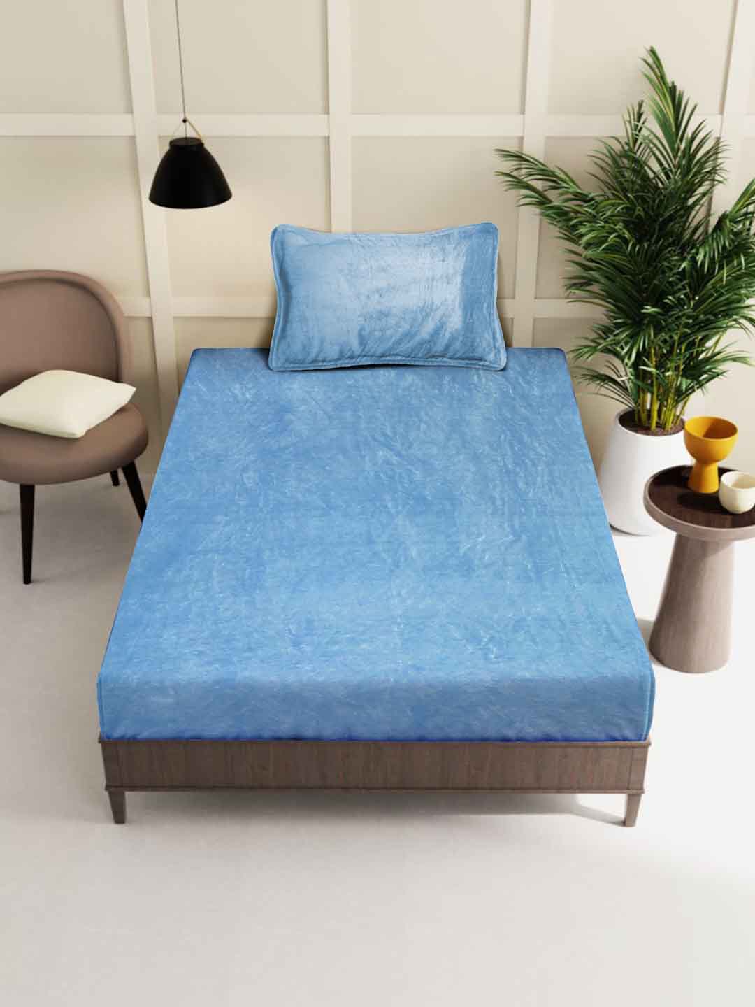 Klotthe Sky Blue Solid Woolen Single Bed Sheet with Pillow Cover