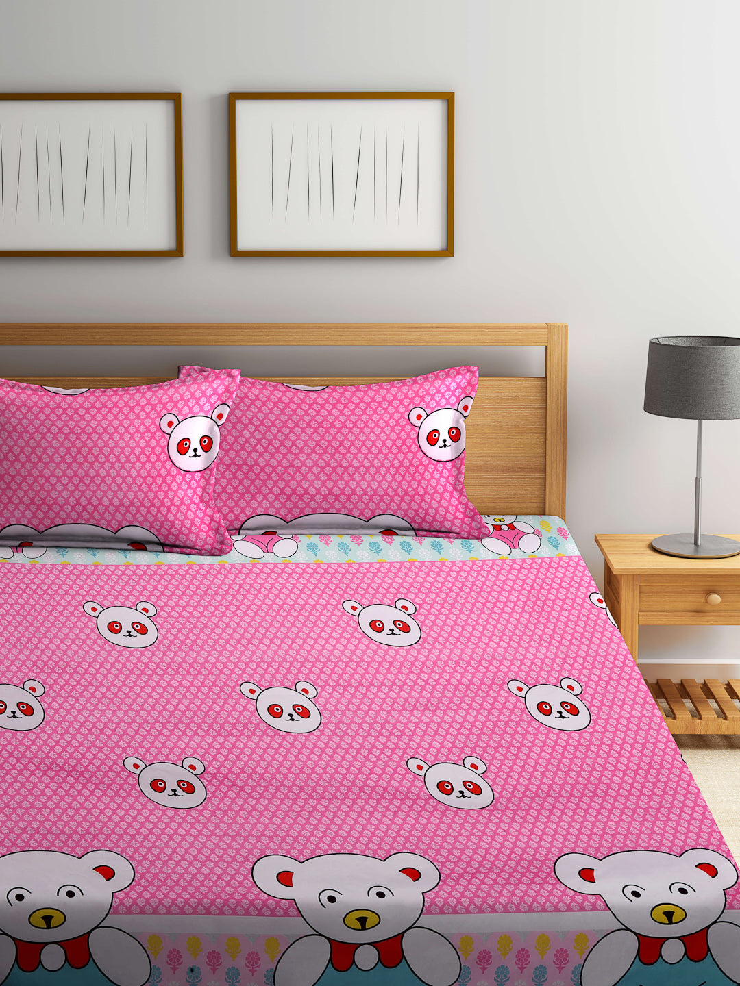 Klotthe Pink Cartoon Characters 300 TC Cotton Blend Elasticated Double Bedsheet with 2 Pillow Covers