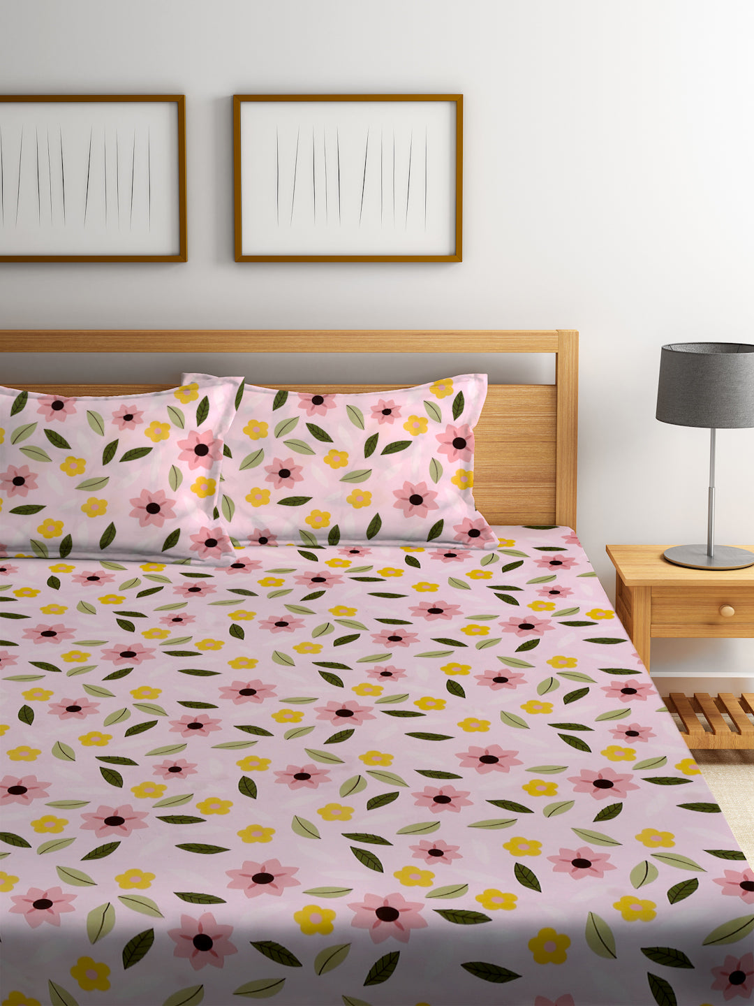 Klotthe Pink Floral 300 TC Cotton Blend Elasticated Double Bedsheet Set in Book Fold Packing