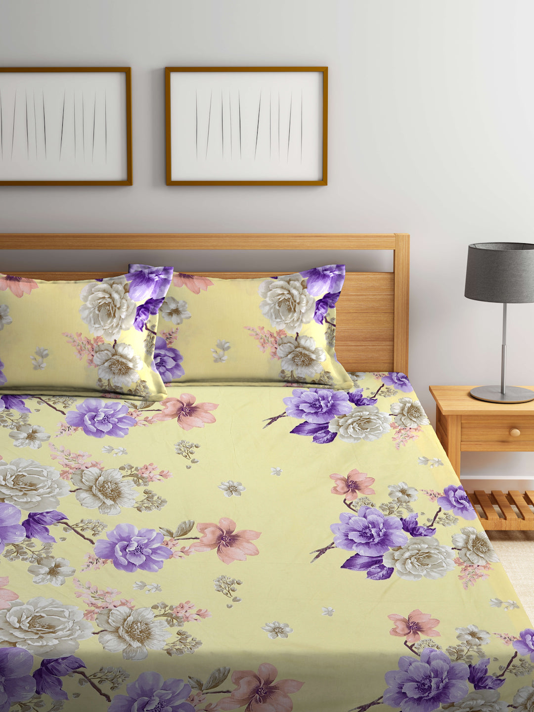Klotthe Yellow Floral 300 TC Cotton Blend Elasticated Double Bedsheet with 2 Pillow Covers