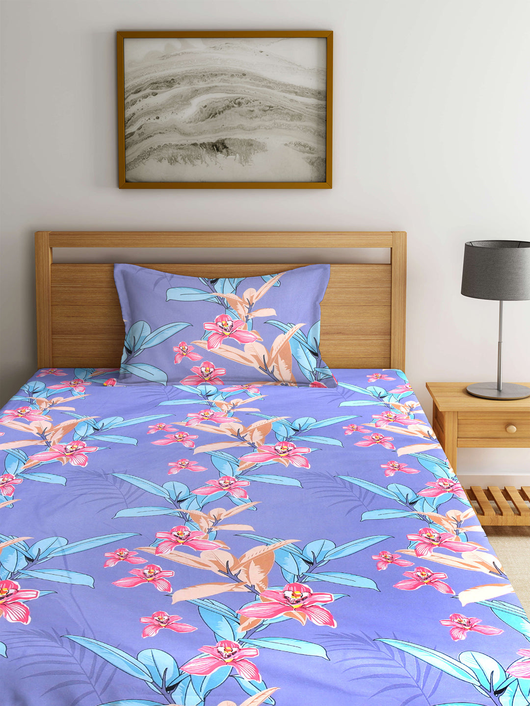 KLOTTHE Blue Polycotton Floral Single Bedsheet with 1 Pillow Cover (215X150 cm)