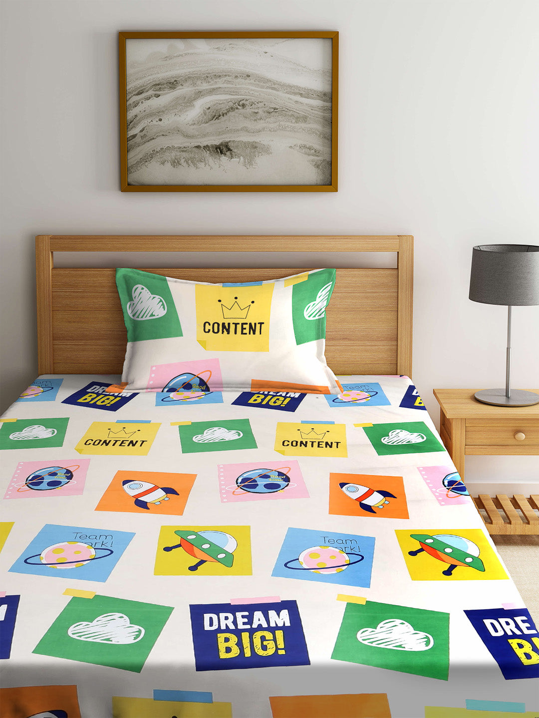 Klotthe Multicolour Kids Print Cotton Blend Single Bedsheet with Pillow cover