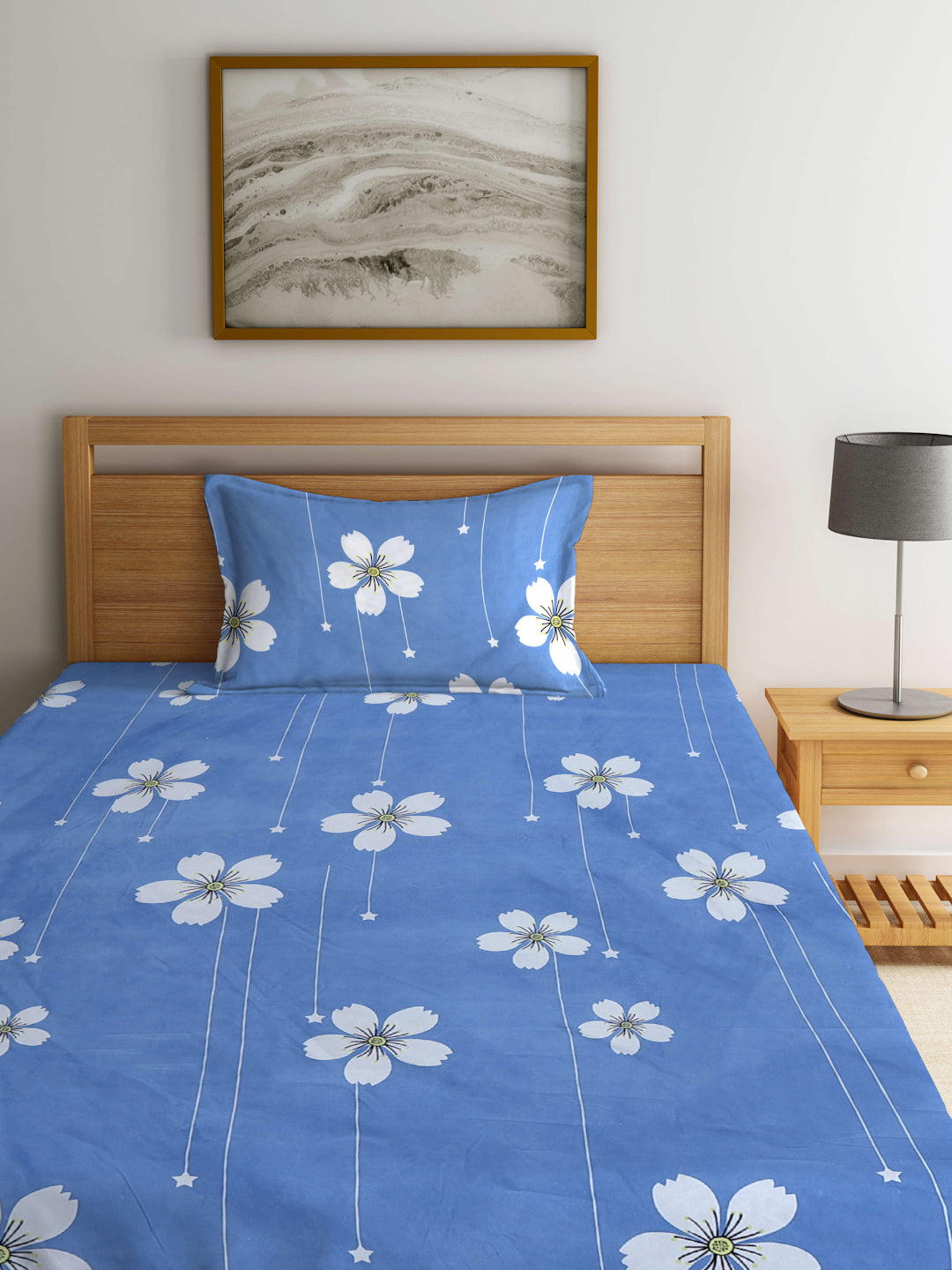 Klotthe Blue Floral 300 TC Cotton Blend Single Bedsheet with Pillow Cover