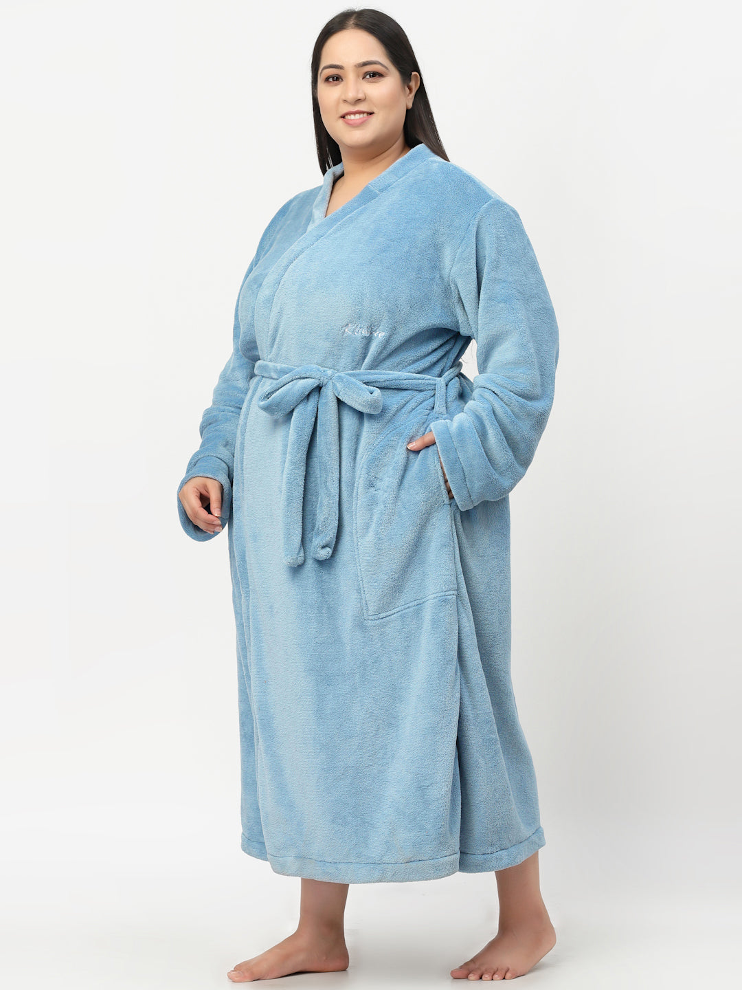 Klotthe Women Blue Solid Bath Robe With Belt