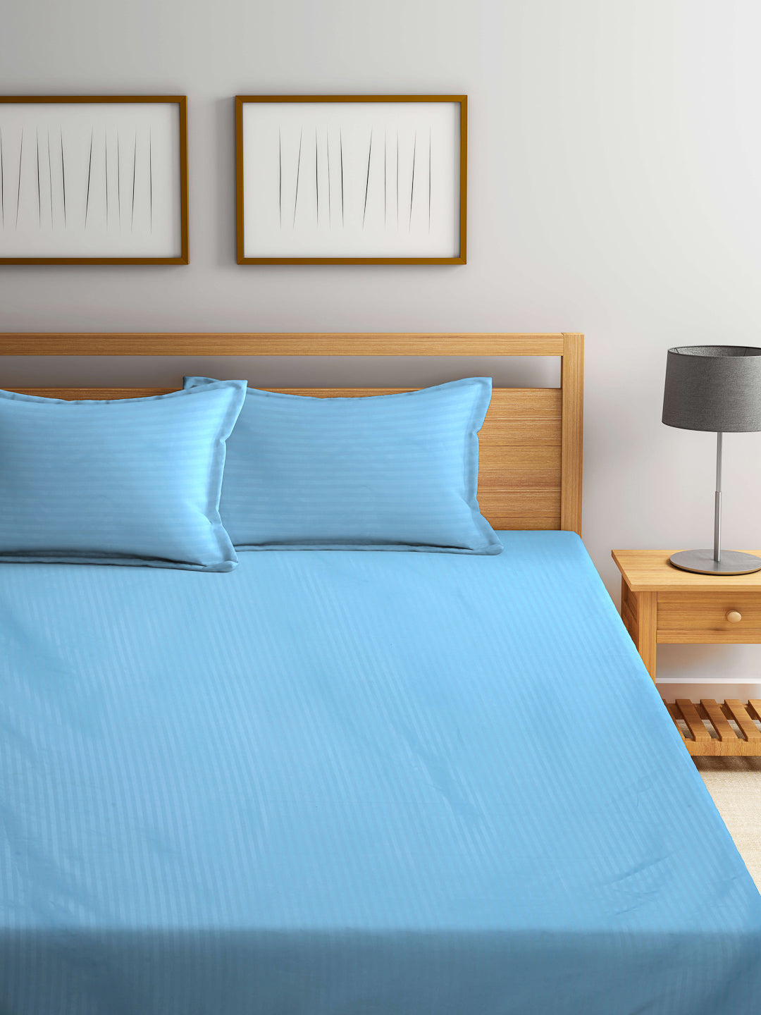 Klotthe Sky Blue Striped 300 TC Cotton Blend Super King Double Bedsheet with 2 Pillow covers (270X270 cm)