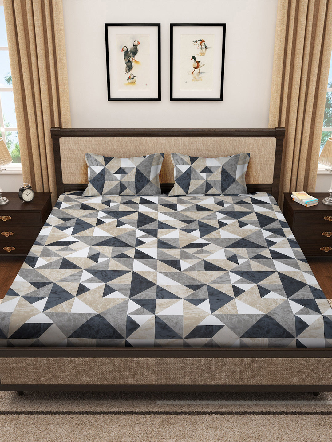 Klotthe Multicolor Geometric 400 TC Pure Cotton Super King Double Bedsheet with 2 Pillow covers