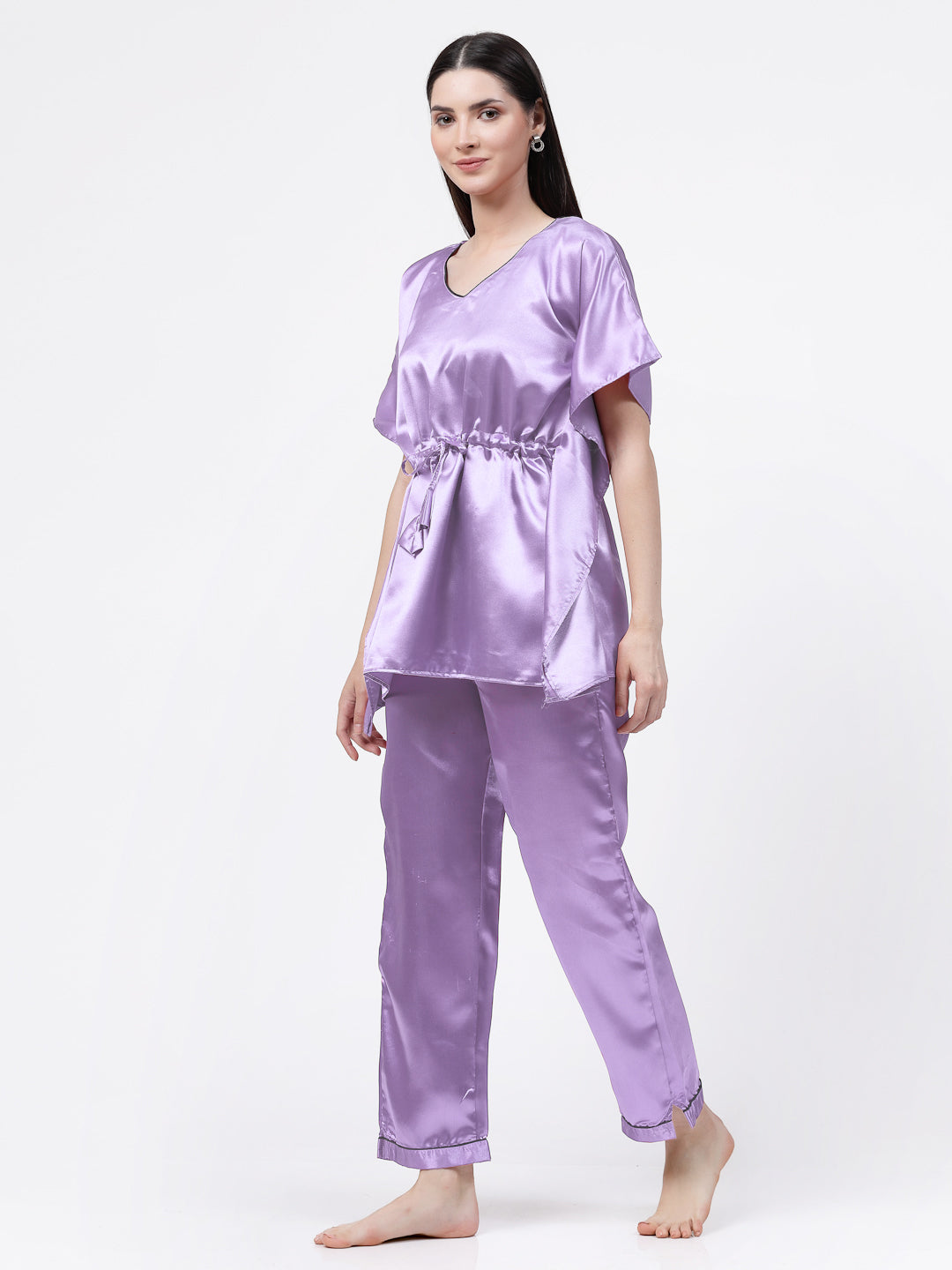 Klotthe Women Purple Solid Satin Kaftan Night Suit by KLOTTHE