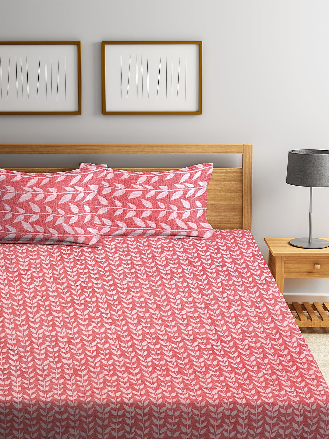 KLOTTHE Set of Two Red Cotton Woven Design Double King Bed Covers With 4 Pillow Covers (250X225 cm)