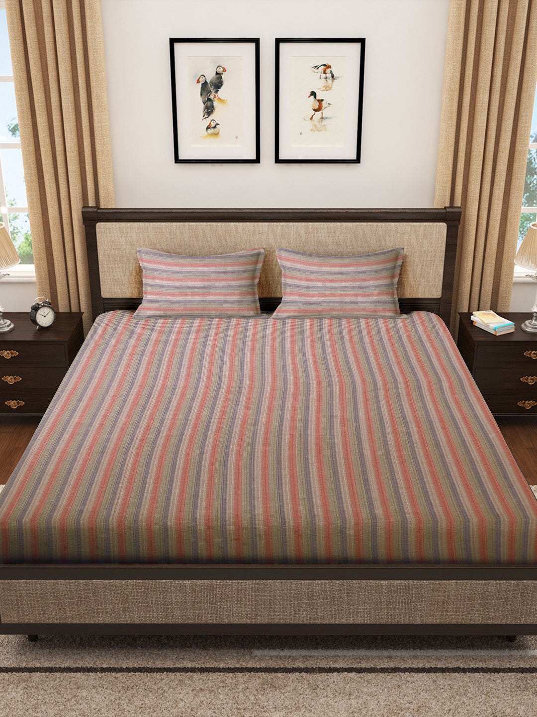 Klotthe Multicolor Striped 400 TC Pure Cotton King Size Double Bedsheet with 2 Pillow covers