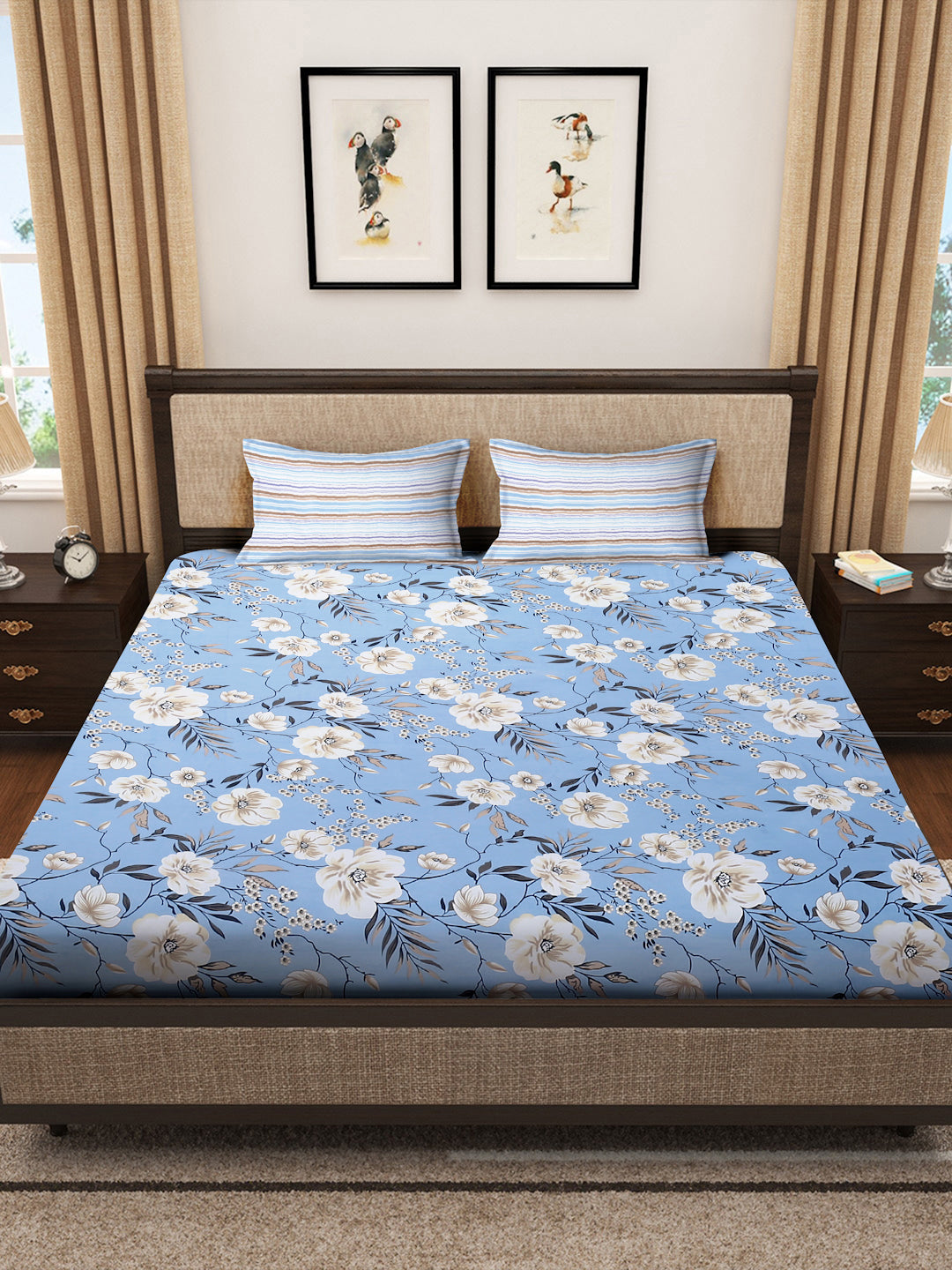 Klotthe Multicolor Floral 300 TC Cotton Blend Super King Double Bedsheet with 2 Pillow covers