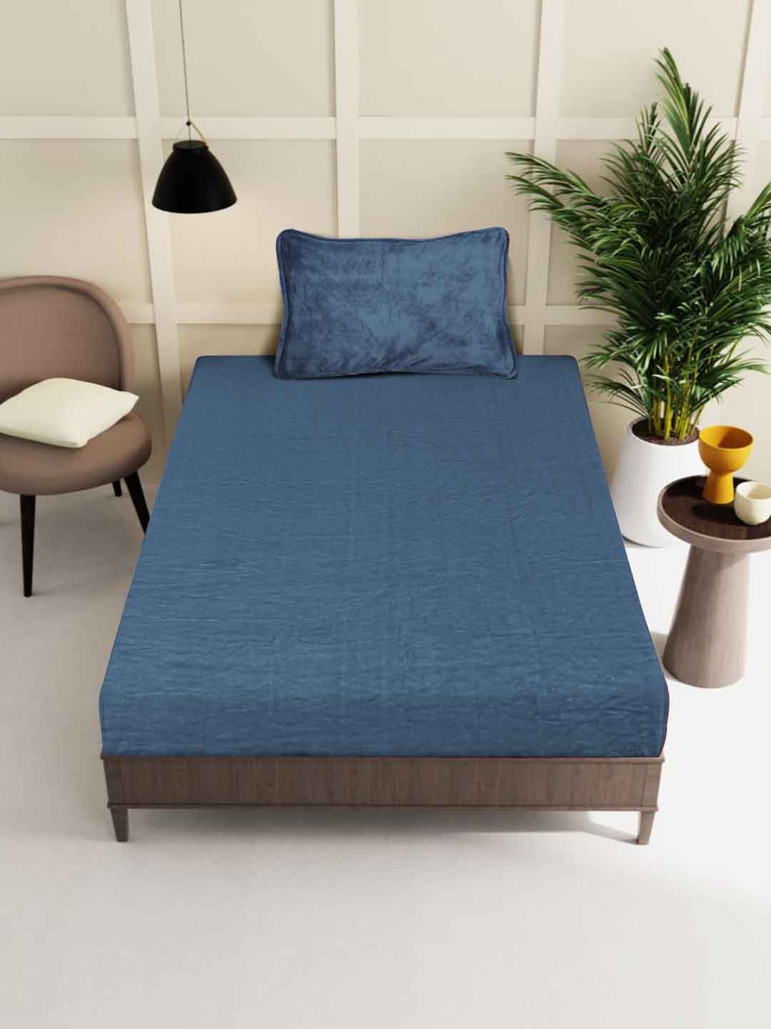Klotthe Turquoise Solid Woolen Single Bed Sheet with Pillow Cover