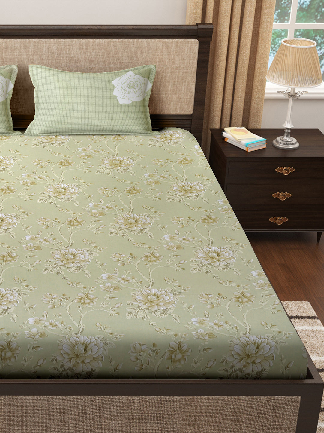 Klotthe Green Floral 400 TC Pure Cotton Fitted Super King Double Bedsheet Set in Book Fold Packing (270X270 cm)