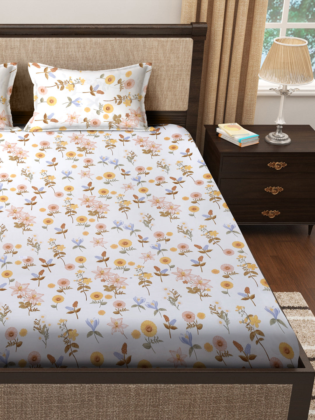 Klotthe Multicolor Floral 300 TC Cotton Blend Fitted Double Bedsheet with 2 Pillow covers