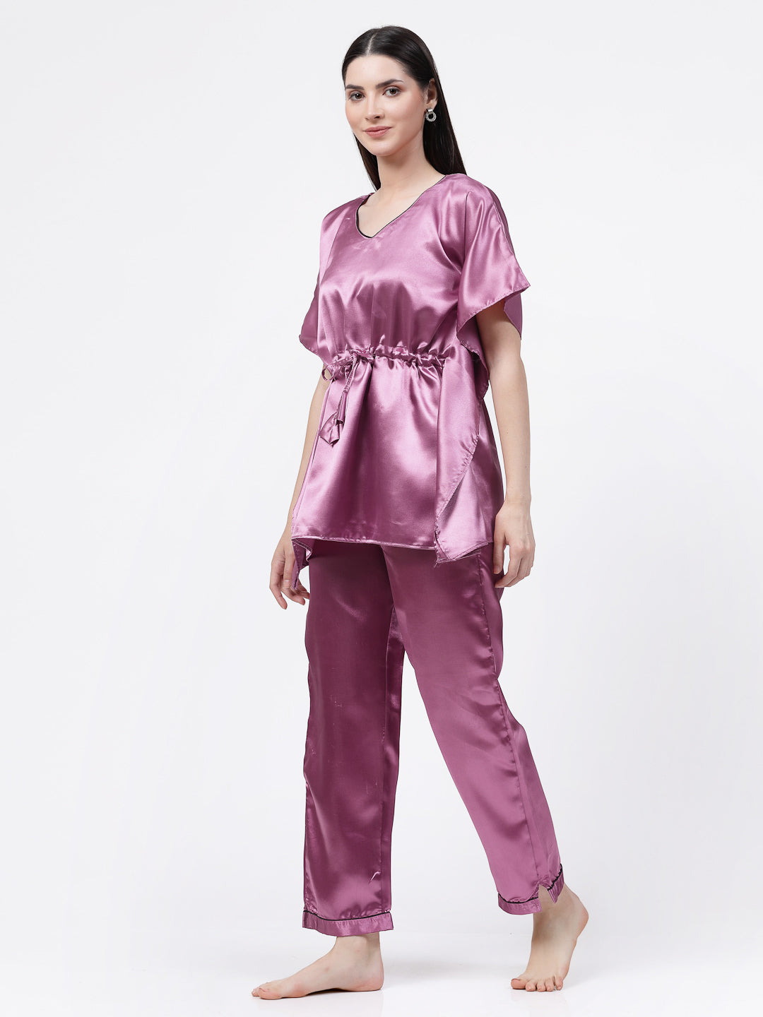 Klotthe Women Pink Solid Satin Kaftan Night Suit by KLOTTHE