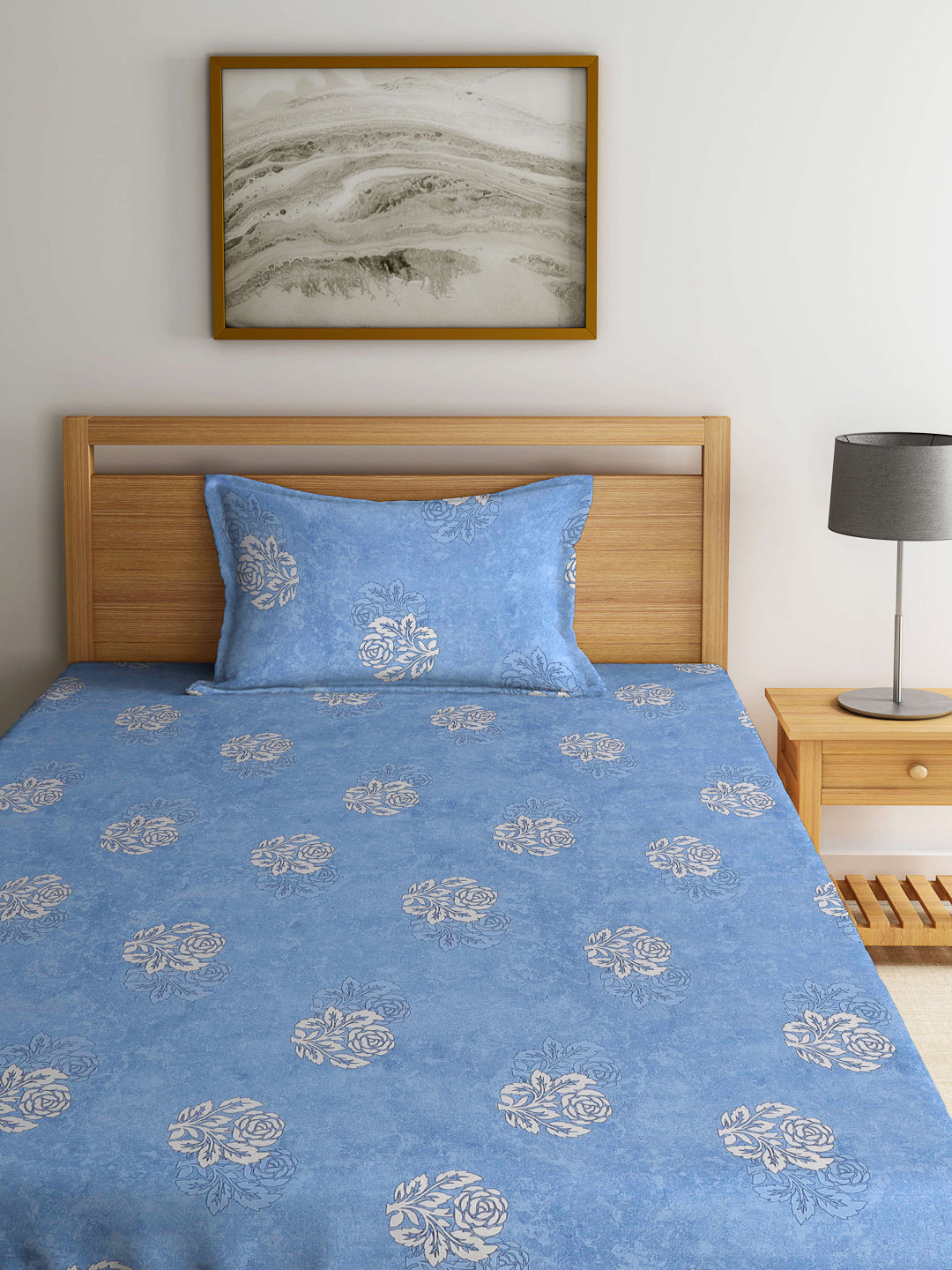 Klotthe Blue Floral 400 TC Pure Cotton Fitted Single Bedsheet with Pillow Cover