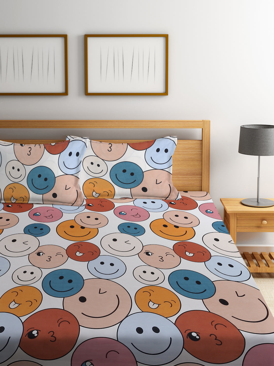 Klotthe Multi Cartoon Characters 300 TC Cotton Blend Double Bedsheet with 2 Pillow Covers
