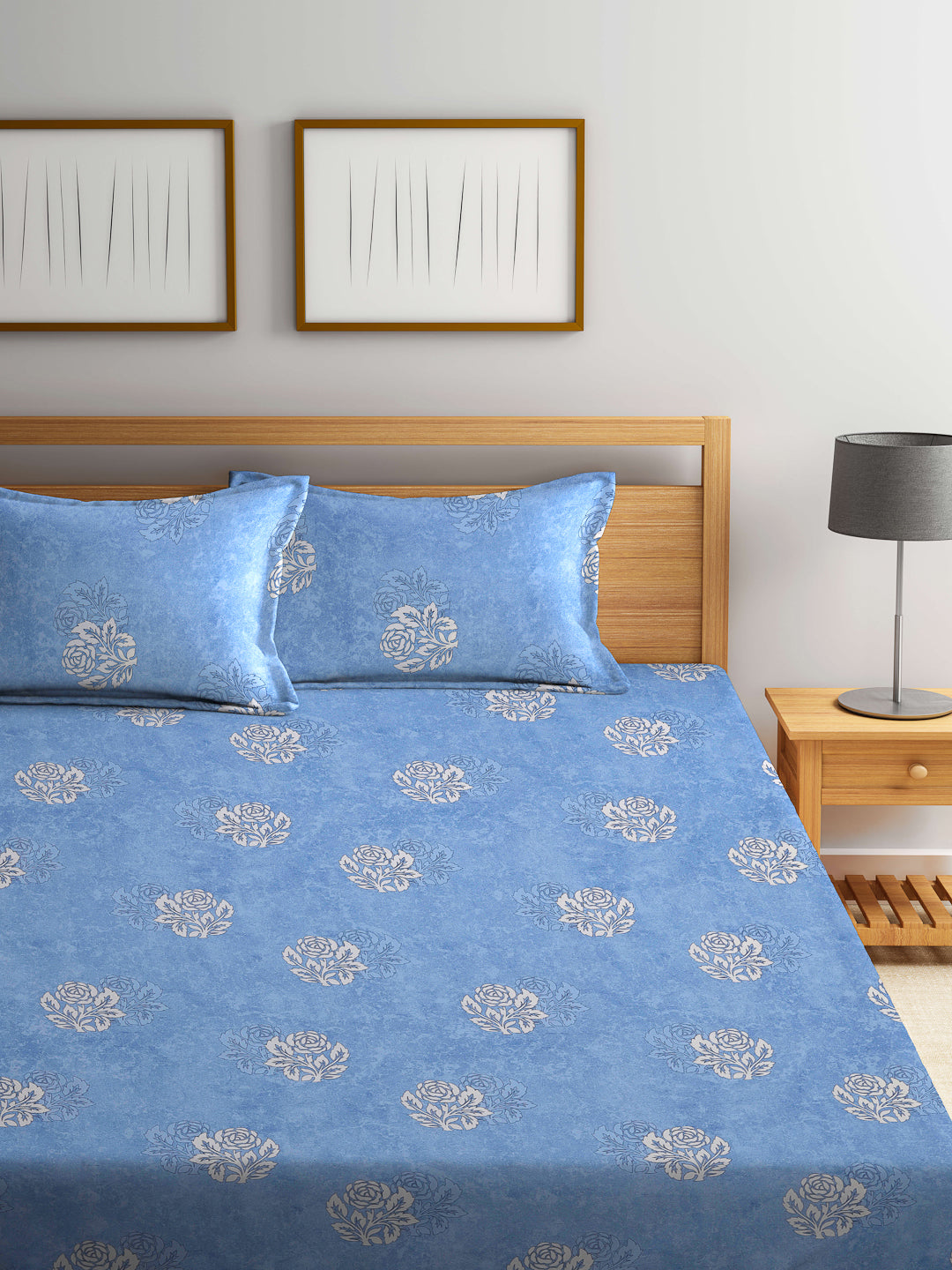 Klotthe Blue Floral 400 TC Pure Cotton Fitted Double Bedsheet Set in Book Fold Packing