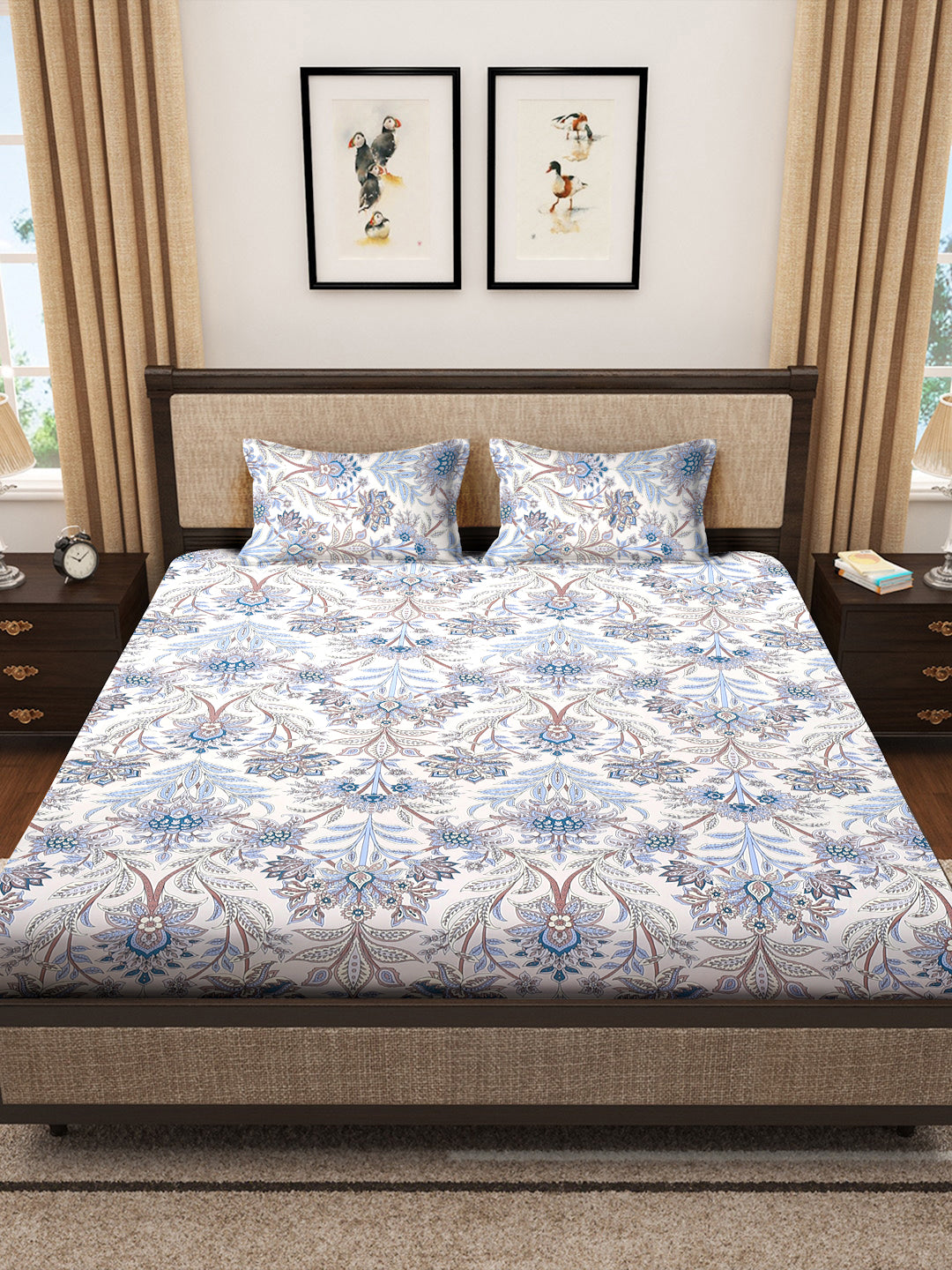 Klotthe Multicolor Floral 300 TC Cotton Blend Fitted Double Bedsheet with 2 Pillow Covers